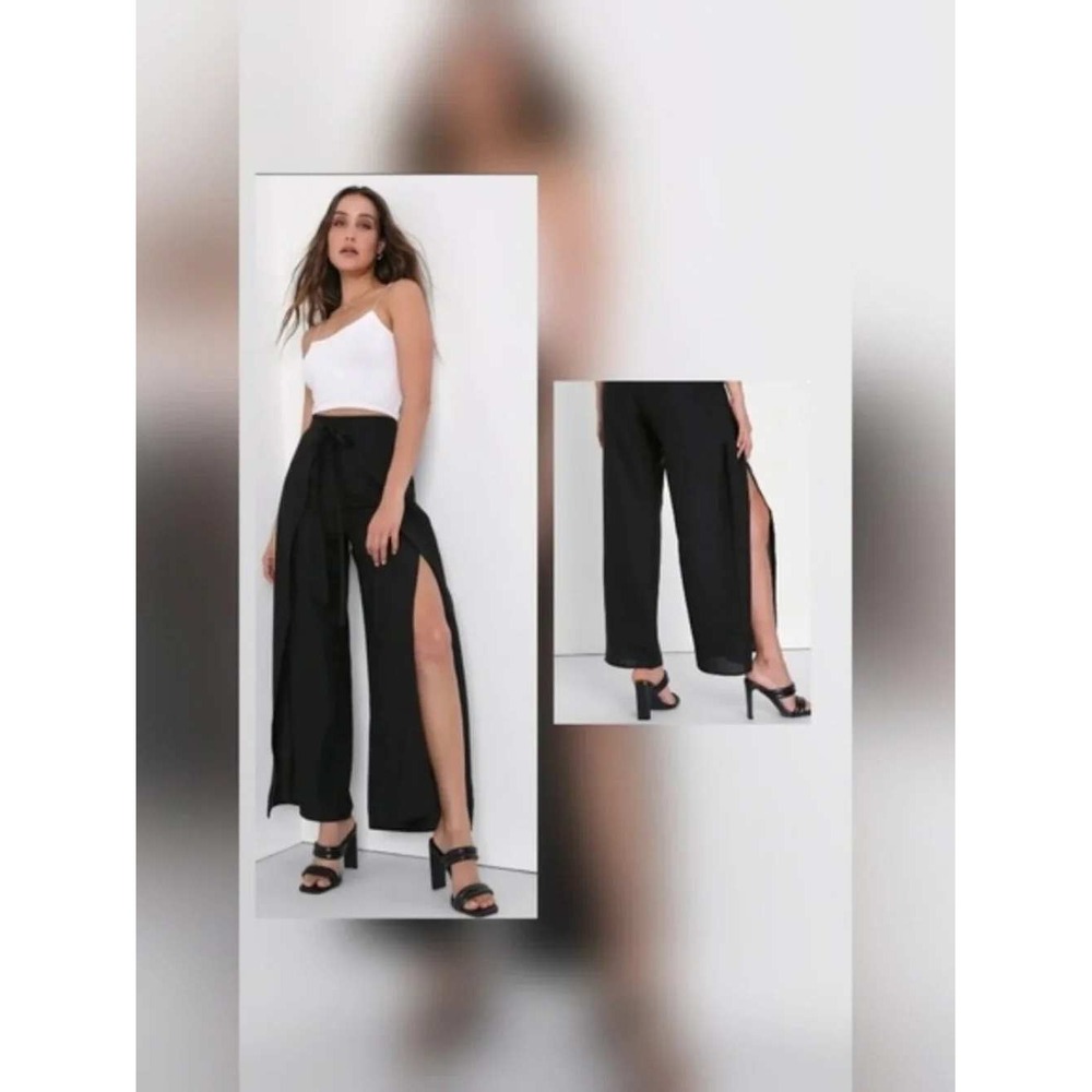 Lulus Black Wide Leg Tie Waist Trousers High Rise Pants Large